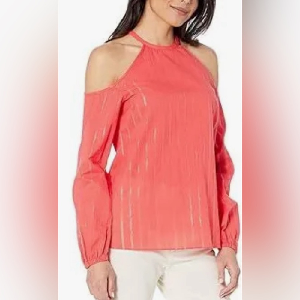 Michael Kors Coral/Gold Metallic Stripe Sangria Cold Shoulder Top XL NWT $88